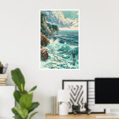 Japanese Coastal Art Print Blue Ocean Waves, Rocky ポスター (ホームオフィス)