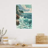 Japanese Coastal Art Print Blue Ocean Waves, Rocky ポスター (キッチン)