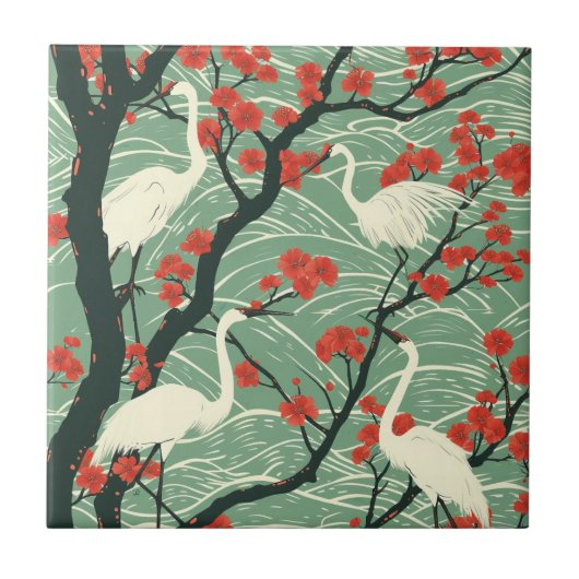 Japanese Crane and Cherry Blossom - Oriental Art タイル (正面)