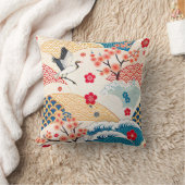 Japanese Crane and Cherry Blossom Waves クッション (ブランケット)