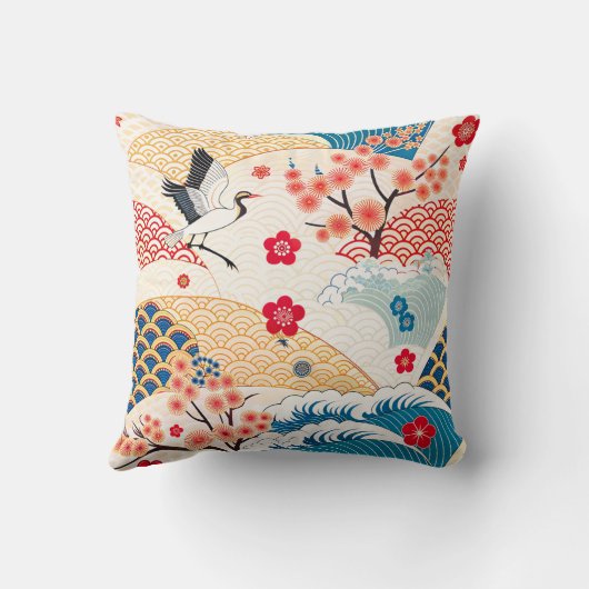 Japanese Crane and Cherry Blossom Waves クッション (裏面)