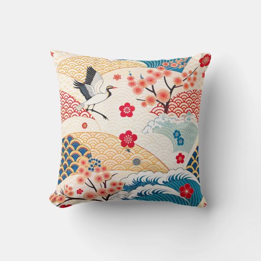 Japanese Crane and Cherry Blossom Waves クッション (正面)