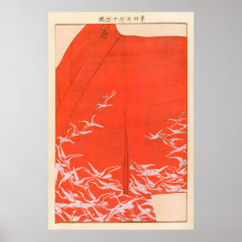 Japanese Crane Kimono Art Print Vermilion Red Wall ポスター