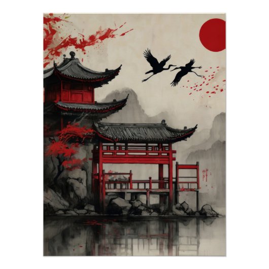 Japanese Crane Pagoda Red Sun Poster Zen Oriental ポスター (正面)