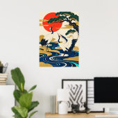 Japanese Crane Rising Sun Art Deco Poster ポスター (ホームオフィス)