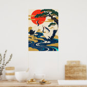 Japanese Crane Rising Sun Art Deco Poster ポスター (キッチン)