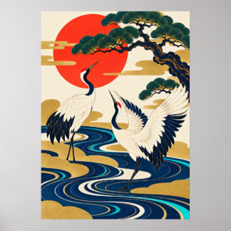 Japanese Crane Rising Sun Art Deco Poster ポスター