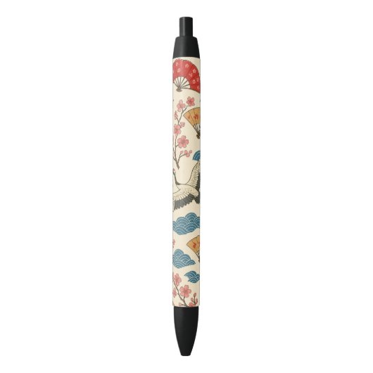 Japanese Crane Sakura Pattern Pen – Traditional 黒ボールペン (正面縦)