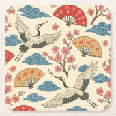 Japanese Crane Sakura Pattern Traditional Japanese スクエアペーパーコースター (正面)