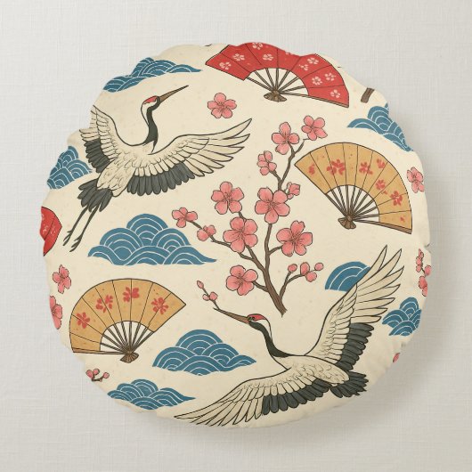 Japanese Crane Sakura Pattern Traditional Japanese ラウンドクッション (正面)