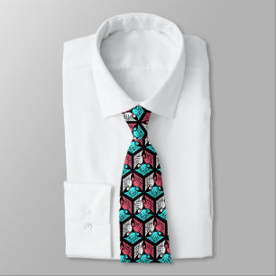 Japanese Cranes, Coral, Turquoise and Black ネクタイ
