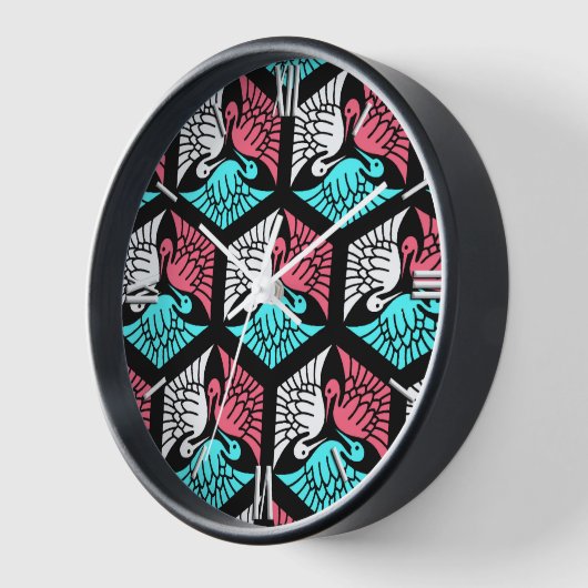 Japanese Cranes, Coral, Turquoise and Black 壁時計 (傾斜)