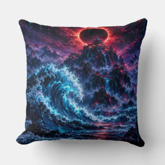 Japanese Cyberpunk Mountain Wave Eclipse Poster クッション