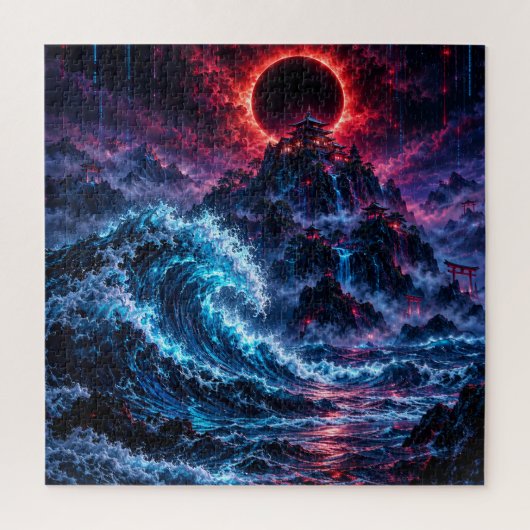 Japanese Cyberpunk Mountain Wave Eclipse Poster ジグソーパズル (縦)