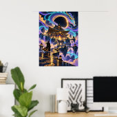 Japanese Dragon Samurai Fantasy Temple Poster ポスター (ホームオフィス)