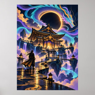 Japanese Dragon Samurai Fantasy Temple Poster ポスター