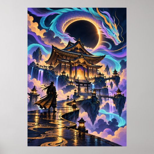 Japanese Dragon Samurai Fantasy Temple Poster ポスター (正面)