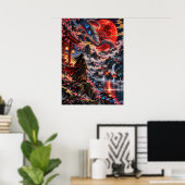 Japanese Dragon Samurai Red Moon Fantasy Art ポスター (ホームオフィス)