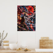 Japanese Dragon Samurai Red Moon Fantasy Art ポスター (キッチン)