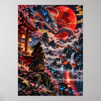 Japanese Dragon Samurai Red Moon Fantasy Art ポスター