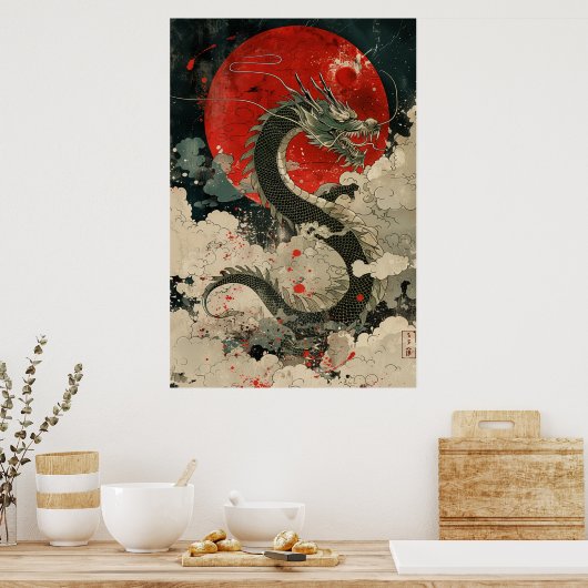 Japanese Dragon Ukiyo-e – Mythical Power Poster ポスター (キッチン)