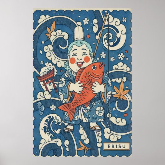 Japanese Ebisu Wall Art Smiling God with Fish and ポスター (正面)
