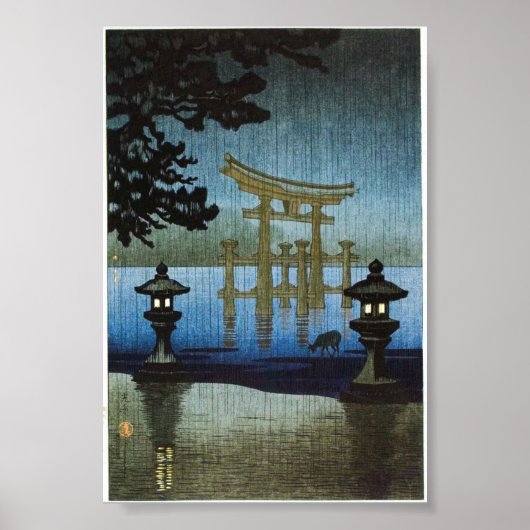Japanese Evening Rain Art Woodblock Ukiyo-E ポスター (正面)