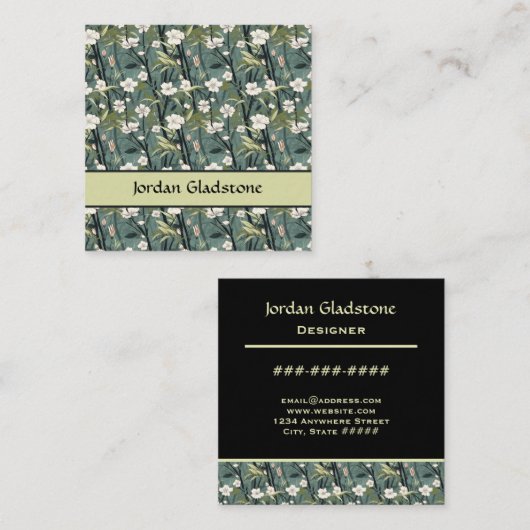 Japanese Floral Bamboo Sage Green Black Template  スクエア名刺 (正面/裏面)
