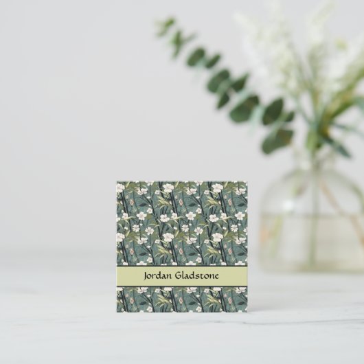 Japanese Floral Bamboo Sage Green Black Template スクエア名刺 (スタンド正面)