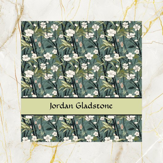 Japanese Floral Bamboo Sage Green Black Template  スクエア名刺