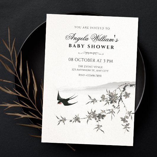 Japanese floral branch bird baby shower 招待状