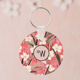 Japanese Floral in Salmon Pink White Red w Initial キーホルダー