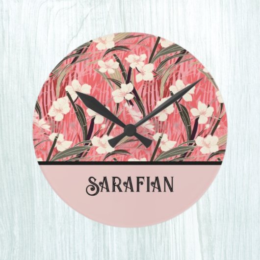 Japanese Floral in Salmon Pink White Red w Initial ラウンド壁時計