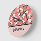 Japanese Floral in Salmon Pink White Red w Initial ラウンド壁時計 (傾斜)