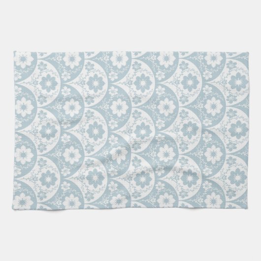 Japanese Floral Pattern in Soft Blue and White キッチンタオル (横)