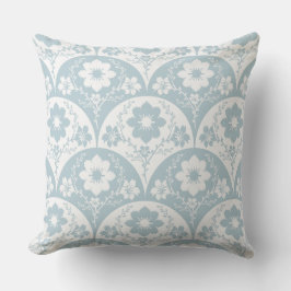 Japanese Floral Pattern in Soft Blue and White クッション