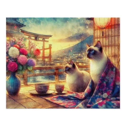 Japanese flower and siamese cat ポスター (正面)