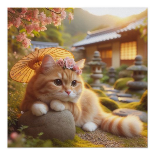 Japanese flowers and orange tabby cat ポスター (正面)