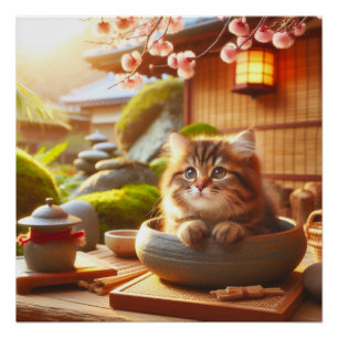 Japanese fluffy brown tabby cat ポスター