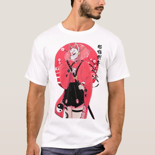 Japanese Fox Mask Girl Urban Vaporwave Style  Tシャツ (正面)
