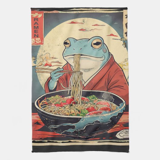 Japanese Frog Ramen Ukiyo-e Aesthetic Gift キッチンタオル (縦)