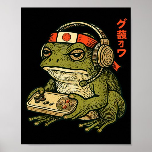 Japanese Gamer Frog Art Men Women Boys Funny Vinta ポスター (正面)