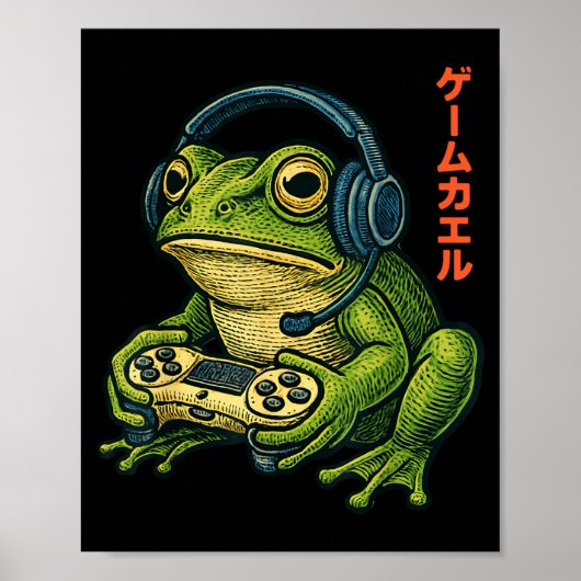 Japanese Gamer Frog Art Men Women Boys Funny Vinta ポスター (正面)