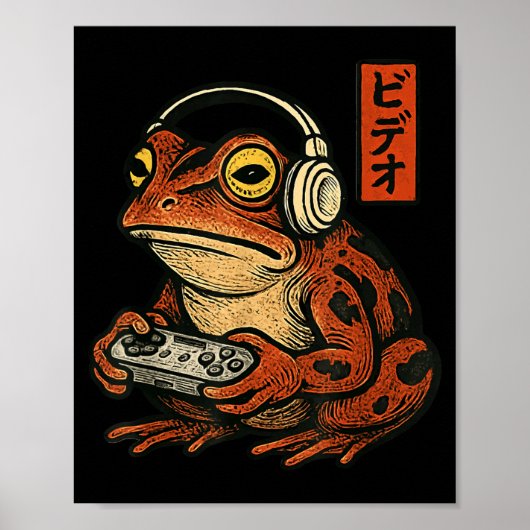 Japanese Gamer Frog Art Men Women Boys Funny Vinta ポスター (正面)