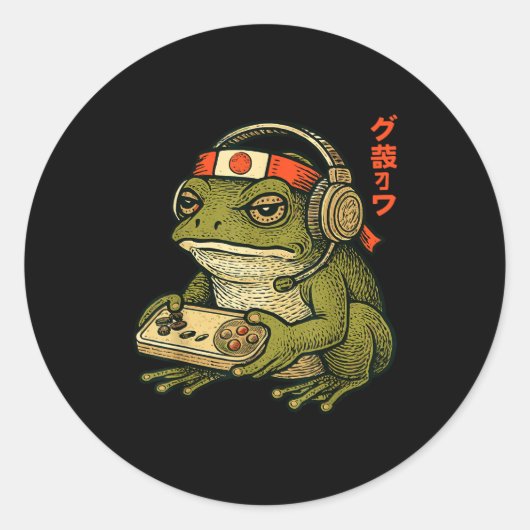 Japanese Gamer Frog Art Men Women Boys Funny Vinta ラウンドシール (正面)