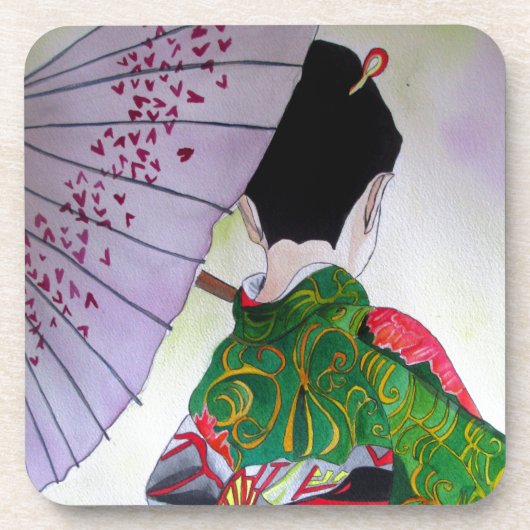 Japanese Geisha art with kimono and umbrella コースター (正面)