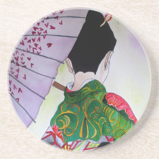 Japanese Geisha art with kimono and umbrella コースター (正面)