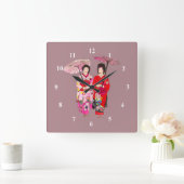 Japanese Geisha pink kimono cute art スクエア壁時計 (ホーム)