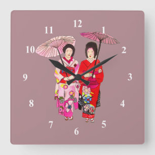 Japanese Geisha pink kimono cute art スクエア壁時計