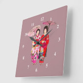 Japanese Geisha pink kimono cute art スクエア壁時計 (傾斜)